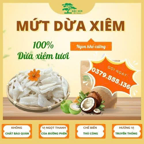 Mứt dừa xiêm non đường phèn miếng (500gram/gói)