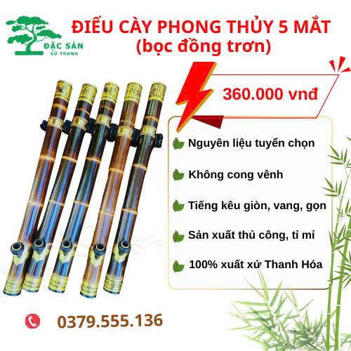 Điếu cày phong thủy 5 mắt (bọc đồng hoa văn trơn)