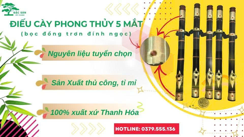 Điếu cày phong thủy 5 mắt (bọc đồng trơn đính ngọc)