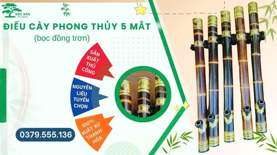 Điếu cày phong thủy 5 mắt (bọc đồng hoa văn trơn)