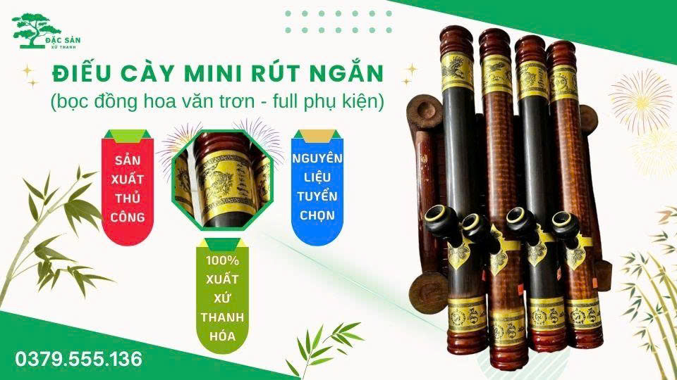 Điếu cày mini rút ngắn bọc đồng hoa văn (full phụ kiện)